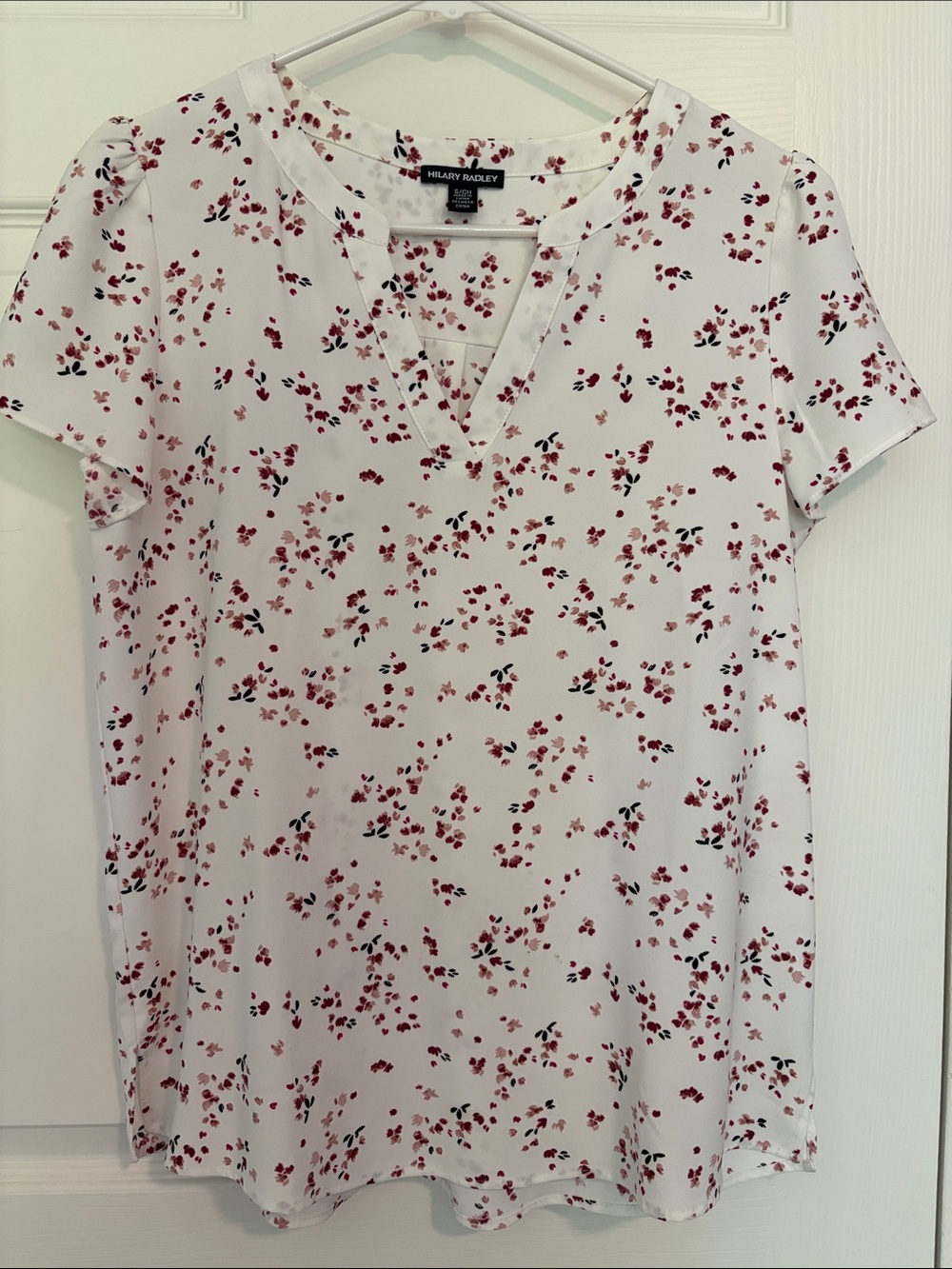 Hilary Radley White Blouse with Pink and Red Floral Scatter